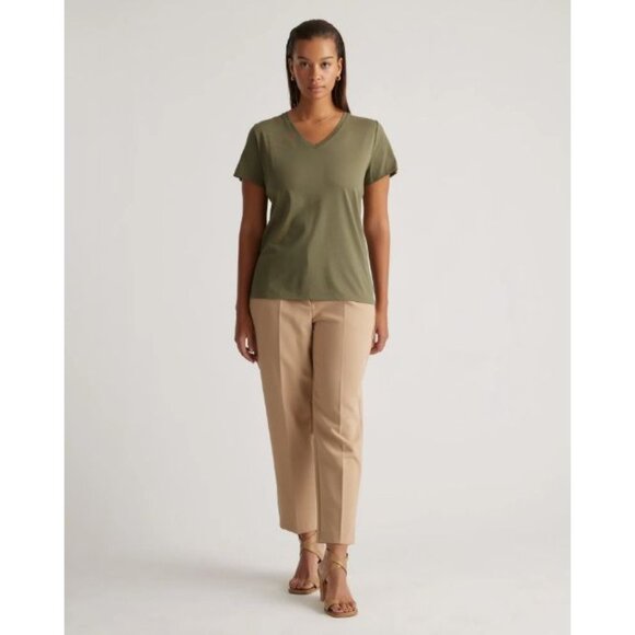 Quince Tops - Quince Cotton‎ Modal V Neck Tee In Dark Olive - Size XS